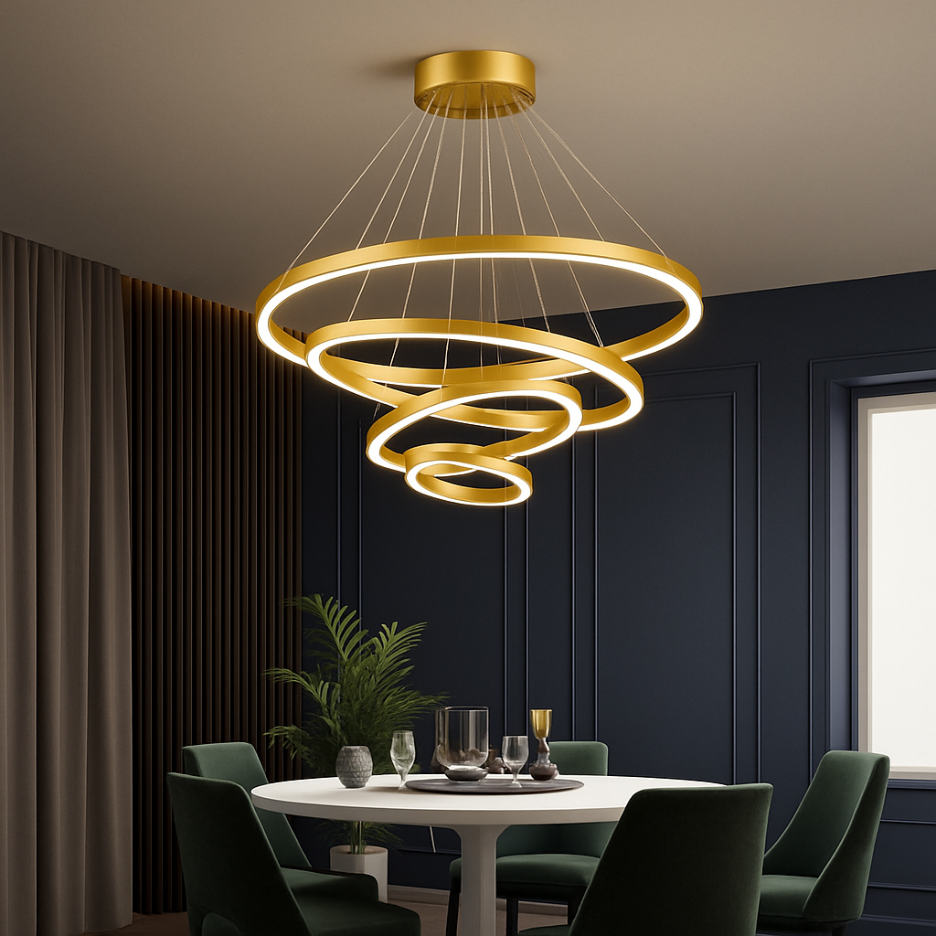 Multi-Ring LED Ceiling Light Fixture Black Steel Hanging Chandelier for Dining Room Living Space Adjustable Height Contemporary Circle Desig