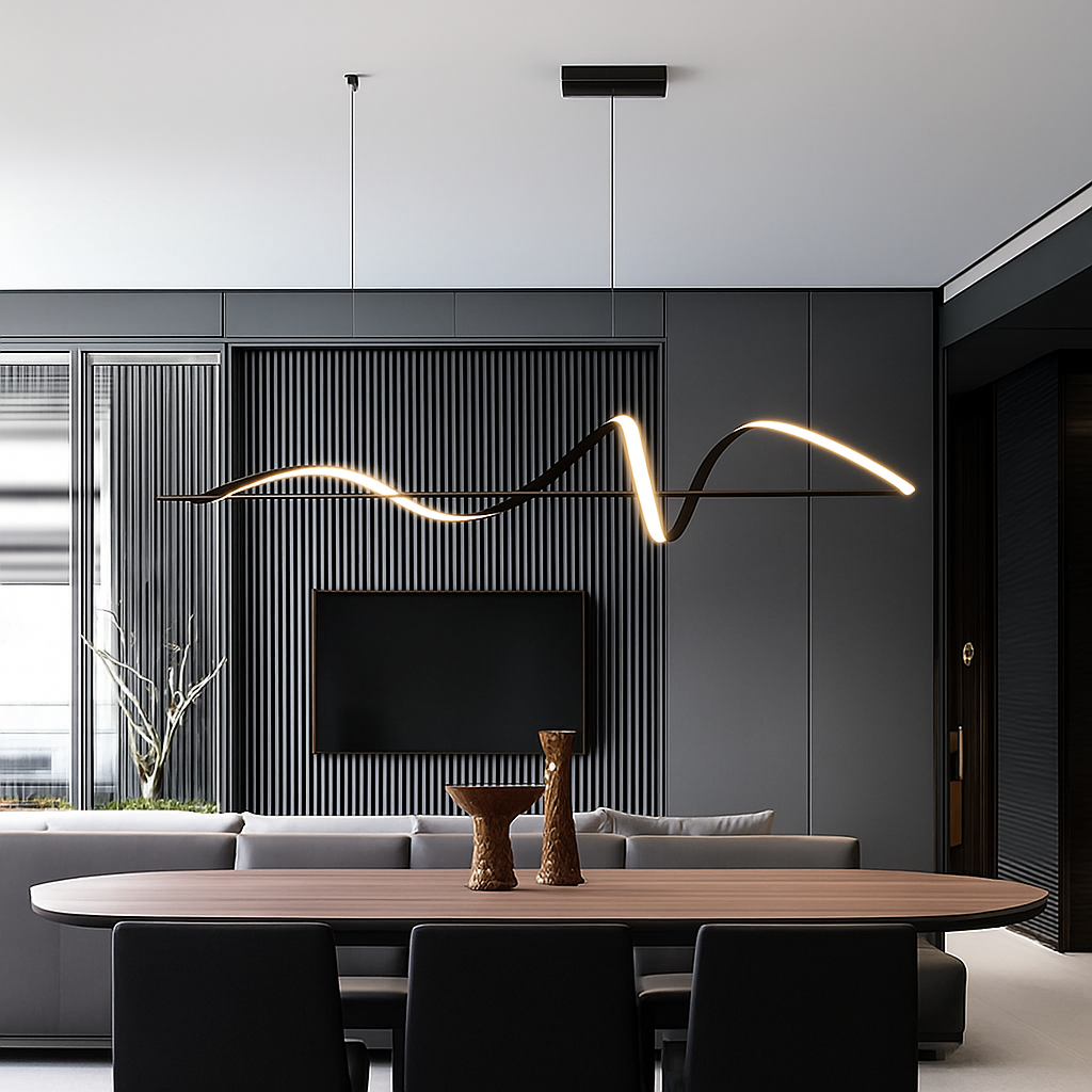 Linear LED Hanging Light for Dining Room Black Alloy Dimmable Ceiling Fixture 162-323 sq ft Coverage Modern Wave Design for Kitchen Island L