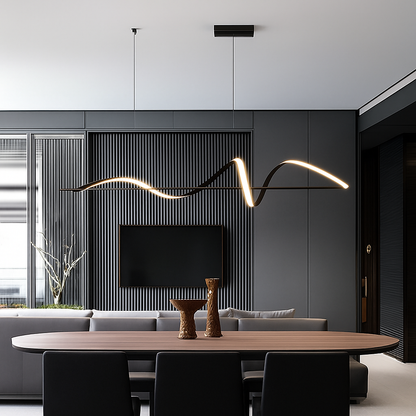 Linear LED Hanging Light for Dining Room Black Alloy Dimmable Ceiling Fixture 162-323 sq ft Coverage Modern Wave Design for Kitchen Island L