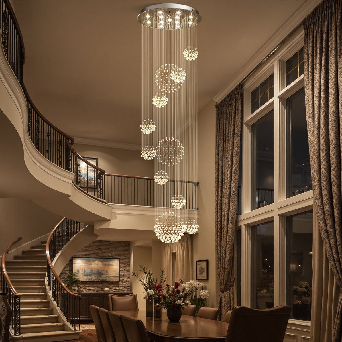 Spiral Raindrop Crystal Pendant Light 120 in Drop Chrome Multi-Tier Fixture for High Ceilings Entryways Double-Height Foyers Stairwells