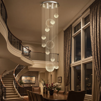 Spiral Raindrop Crystal Pendant Light 120 in Drop Chrome Multi-Tier Fixture for High Ceilings Entryways Double-Height Foyers Stairwells