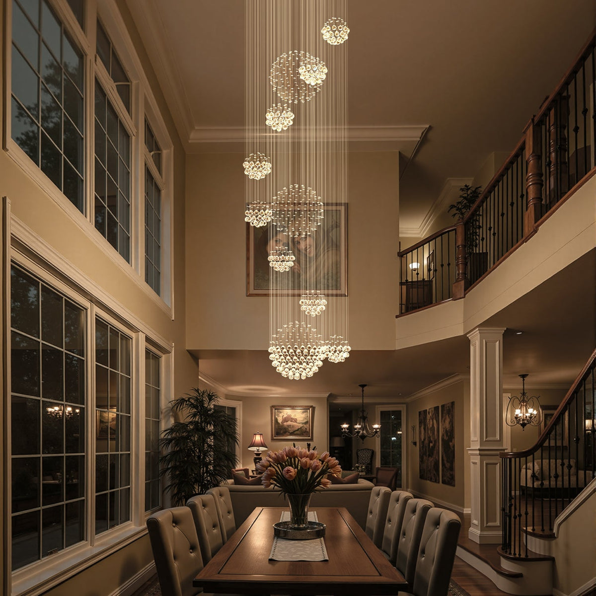 Orbital Raindrop Crystal Chandelier with Multi-Tier Chrome Frame for Stairwells & High Ceilings