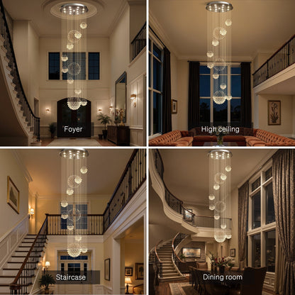 Spiral Raindrop Crystal Pendant Light 120 in Drop Chrome Multi-Tier Fixture for High Ceilings Entryways Double-Height Foyers Stairwells