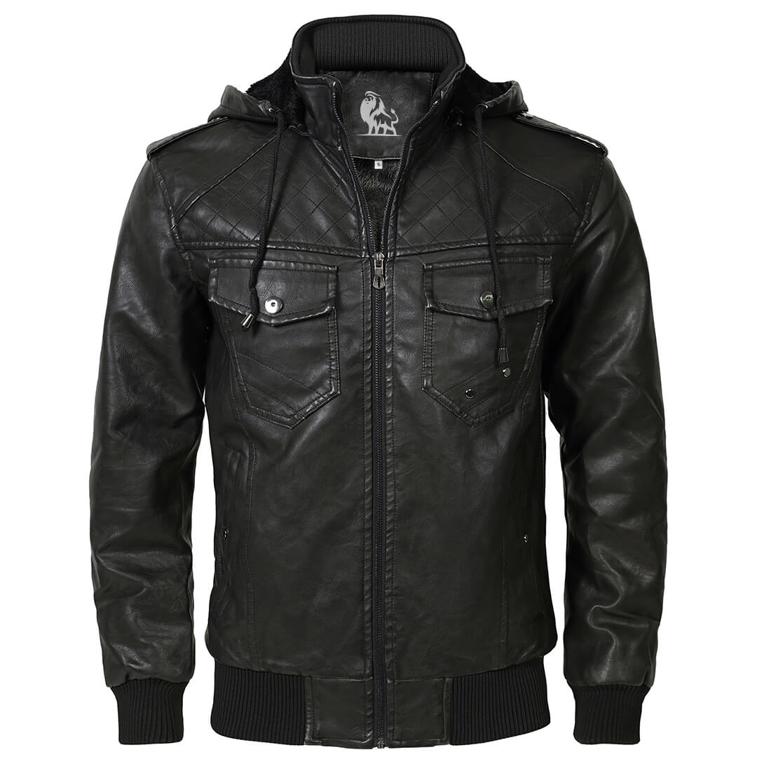 Men's Hooded Faux Leather Jacket – Water-Resistant Moto Coat with Removable Hood for Everyday Wear