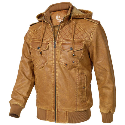 Men's Faux Leather Jacket with Removable Hood – Classic Motorcycle Style Coat for Fall & Winter