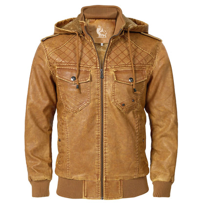 Men's Faux Leather Jacket with Removable Hood – Classic Motorcycle Style Coat for Fall & Winter