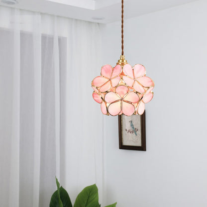 Floral Glass Hanging Light Fixture with Adjustable 59-Inch Cord E27 Socket Gold Brass Frame for Kitchen Table Bedroom Living Room Vintage-St