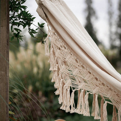 Cotton Rope Swing for Two – 79×59 Inch Indoor-Outdoor Lounger with Macramé Fringe – Porch, Patio, Balcony & Garden Relaxation Hammock