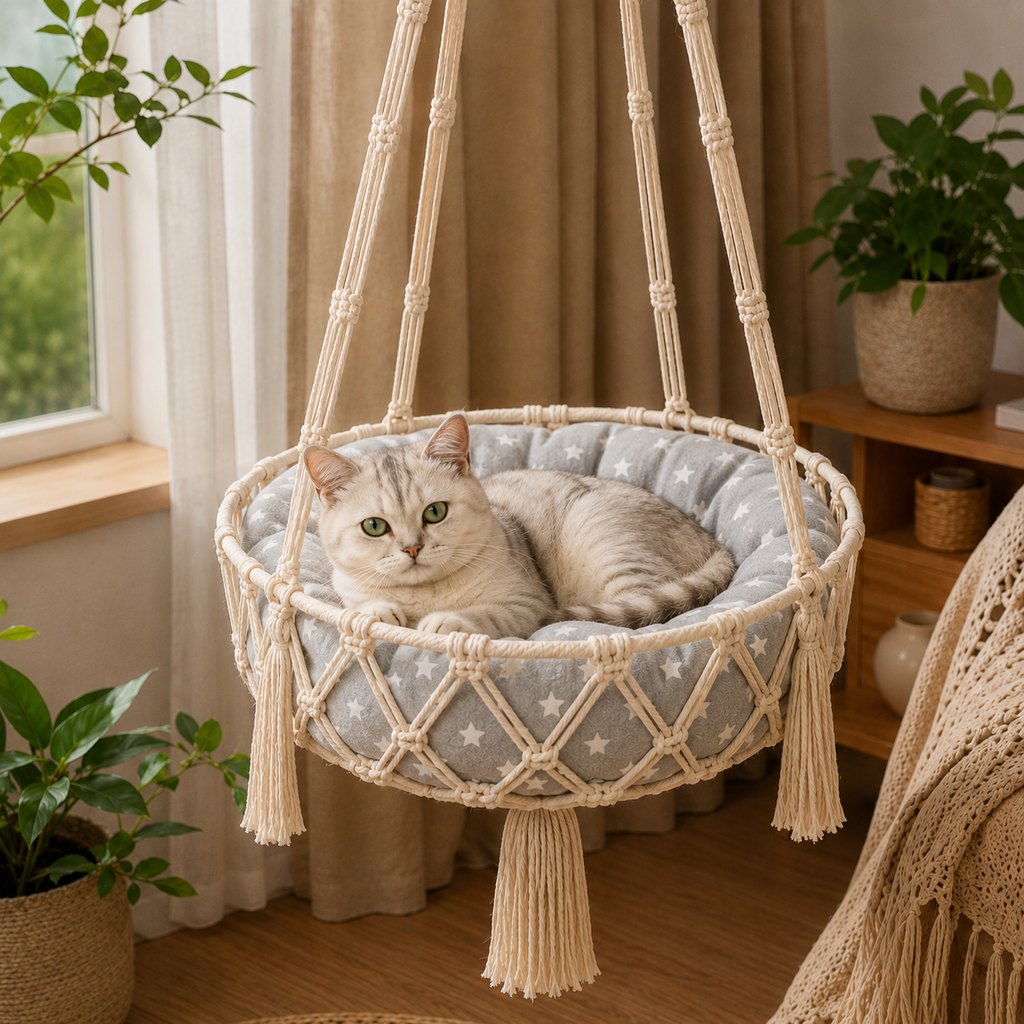Ortekor Macrame Hanging Cat Hammock Bed with Cushion - Space-Saving Indoor Cat Swing for Small Apartments