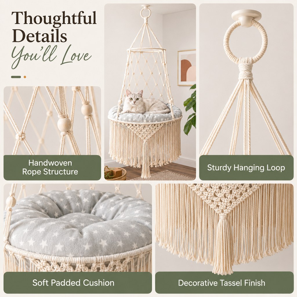 Ortekor Macrame Hanging Cat Hammock Bed with Cushion - Space-Saving Indoor Cat Swing for Small Apartments