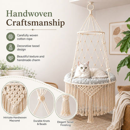 Ortekor Macrame Hanging Cat Hammock Bed with Cushion - Space-Saving Indoor Cat Swing for Small Apartments