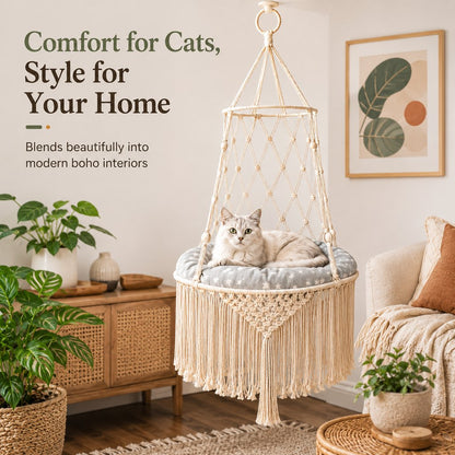 Ortekor Macrame Hanging Cat Hammock Bed with Cushion - Space-Saving Indoor Cat Swing for Small Apartments
