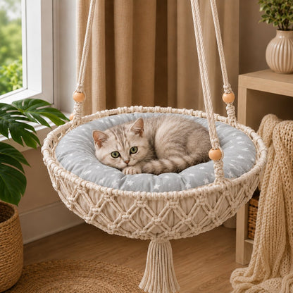 Ortekor Macrame Hanging Cat Hammock Bed with Cushion - Space-Saving Indoor Cat Swing for Small Apartments
