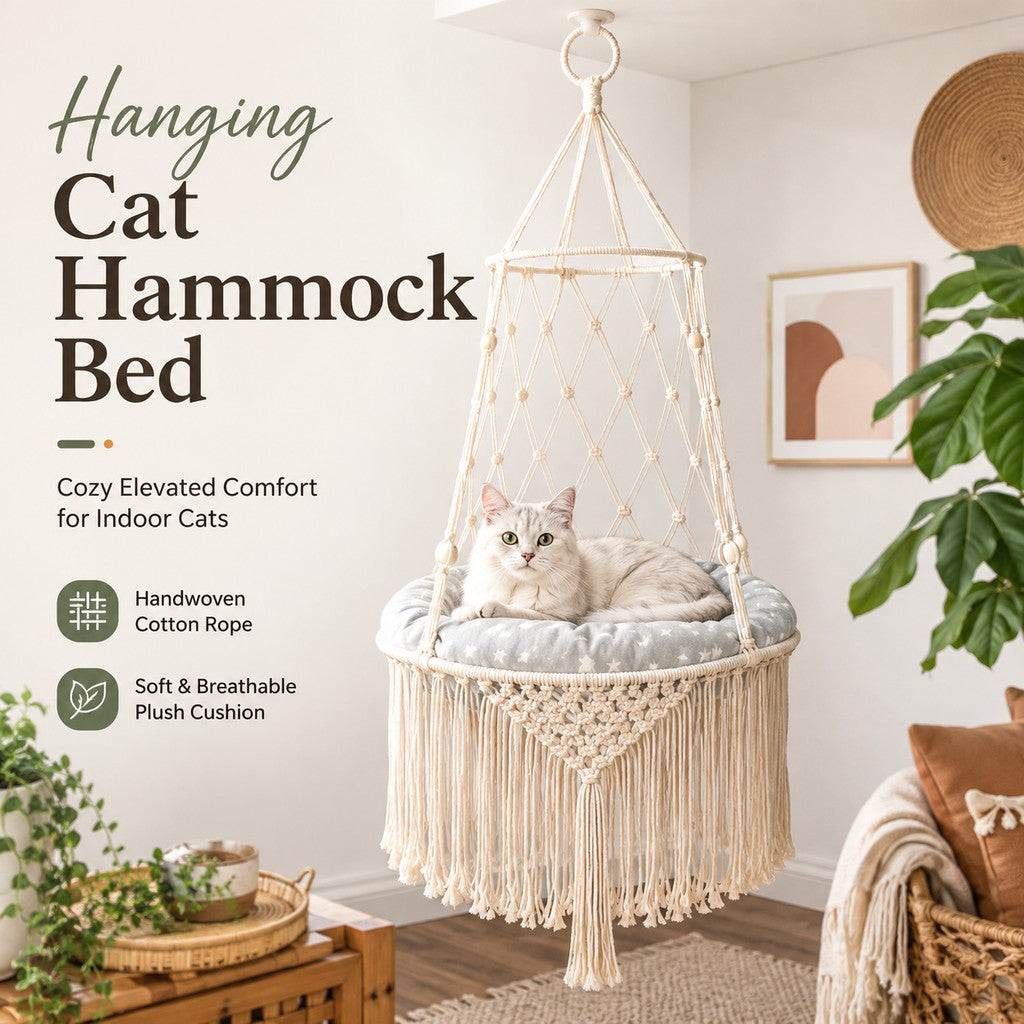 Ortekor Macrame Hanging Cat Hammock Bed with Cushion - Space-Saving Indoor Cat Swing for Small Apartments