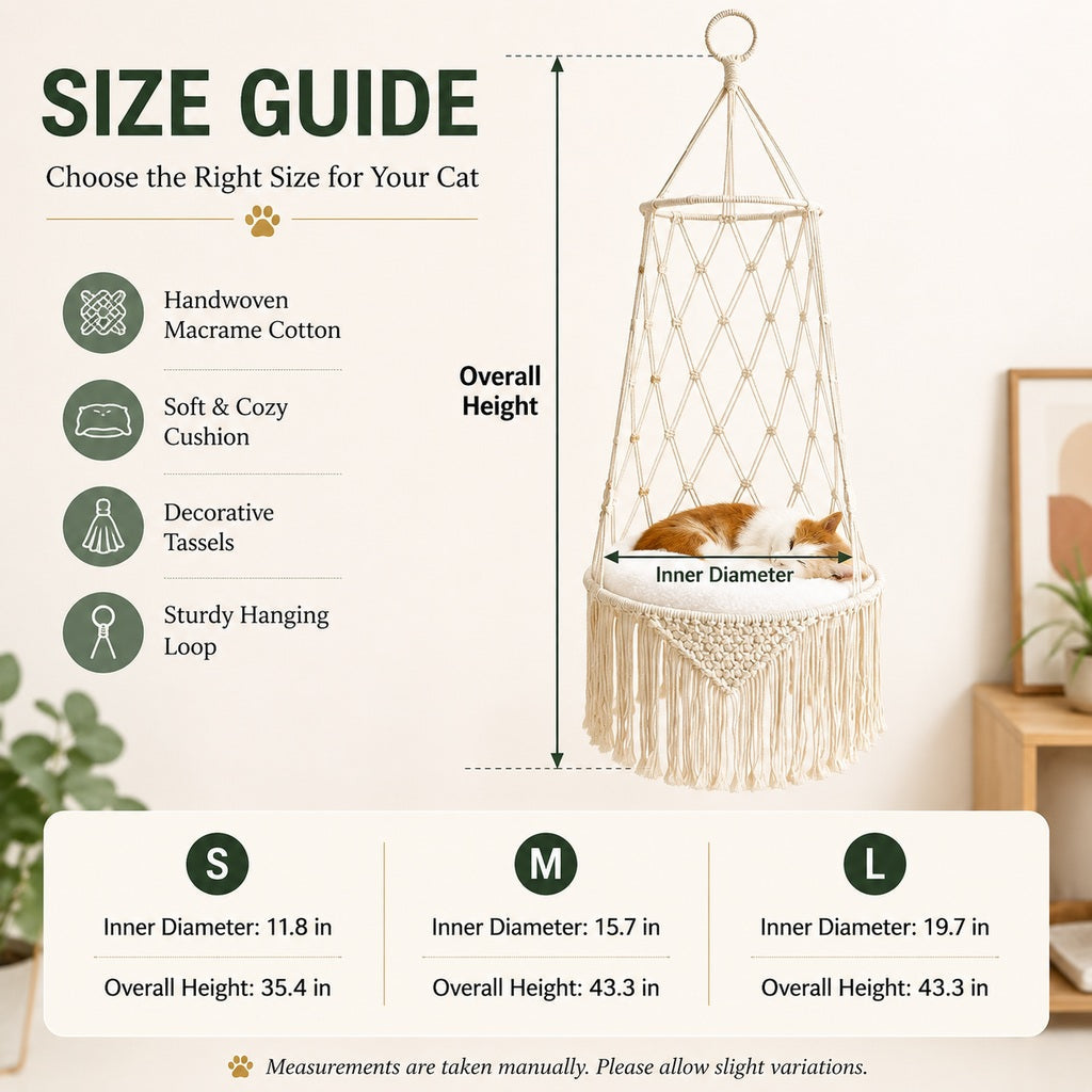 Ortekor Macrame Hanging Cat Hammock Bed with Cushion - Space-Saving Indoor Cat Swing for Small Apartments
