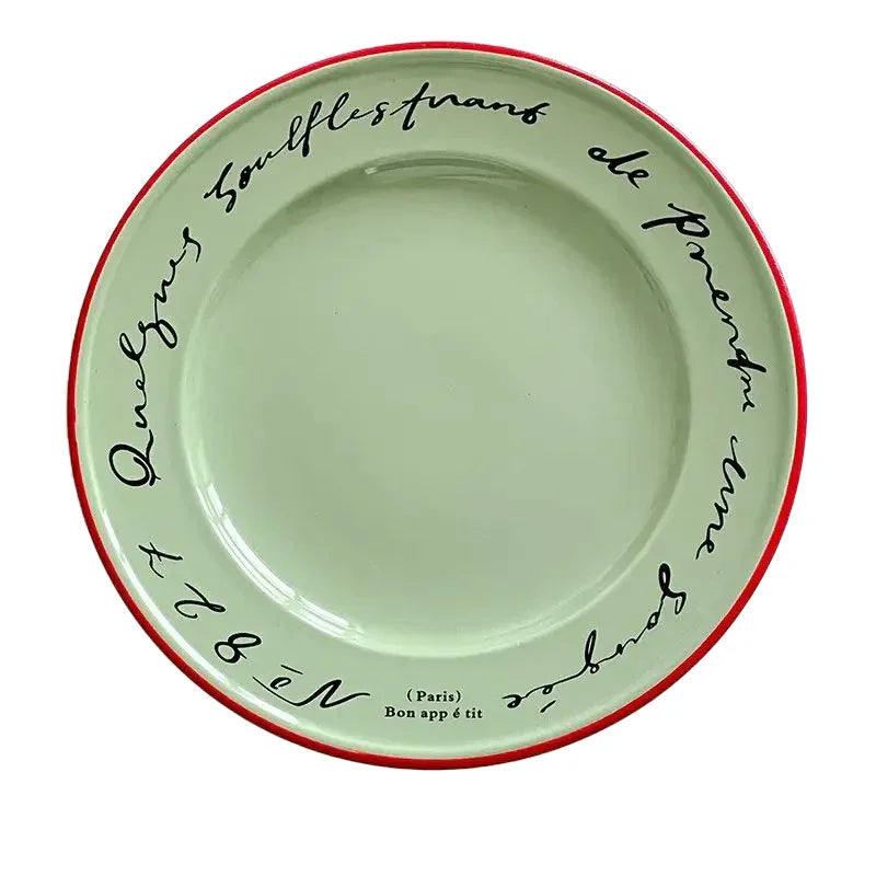Ceramic Dessert Plate 8 Inch Round Pastel Serving Dish with Script Detail for Kitchen Table Breakfast Pastry Appetizer Snack