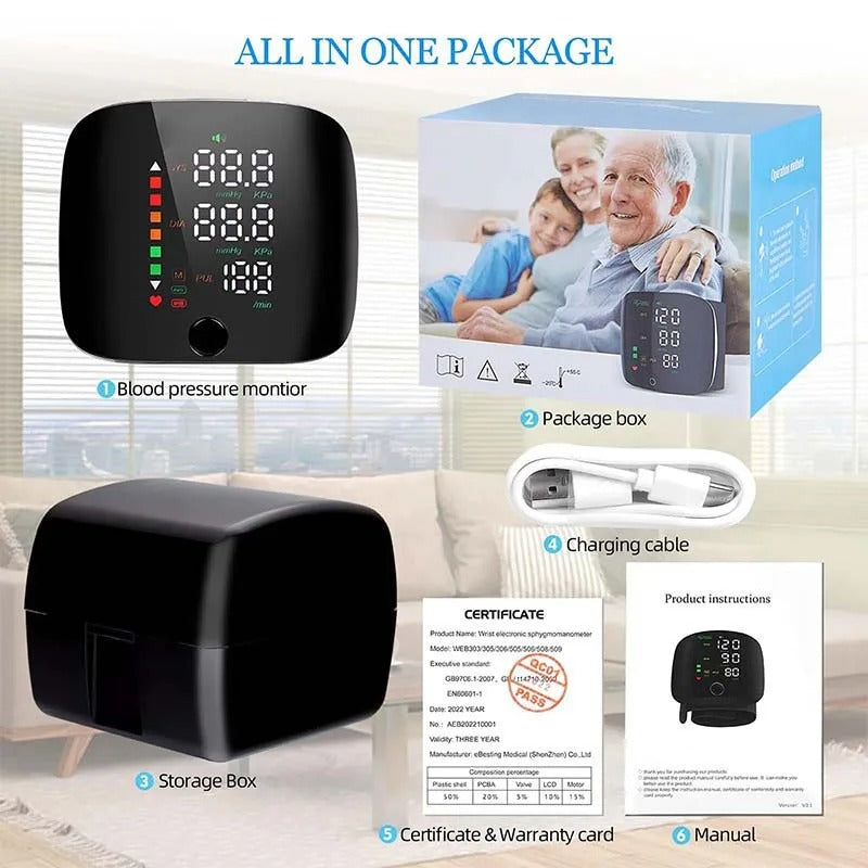 Tensiomètre de poignet rechargeable avec synthèse vocale et écran LCD pour le suivi de santé à domicile
