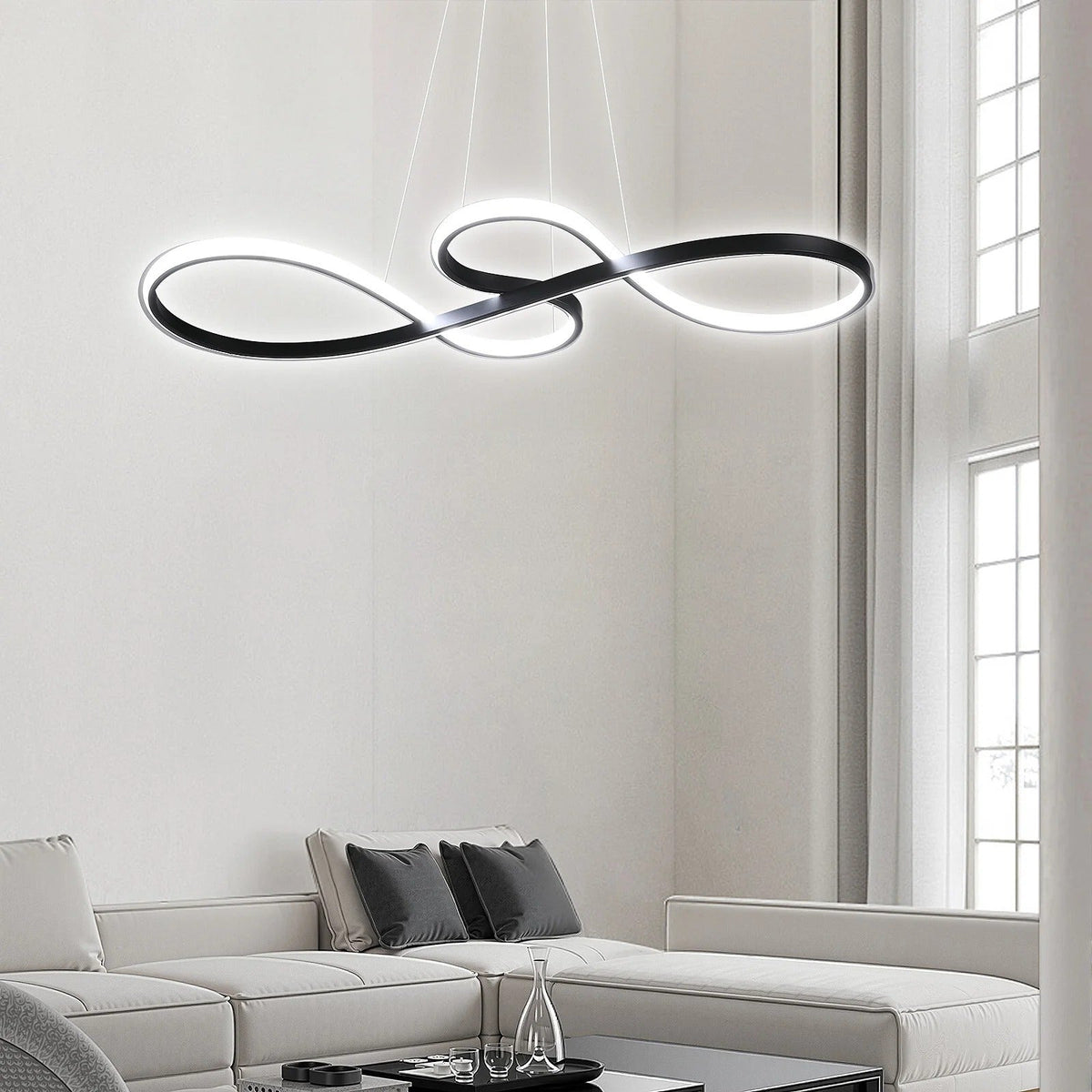 Modern Circle Hanging Fixture with Remote Dimming for Dining Room & Kitchen Island Adjustable Height 47 in Black White Gold Finish Contempor
