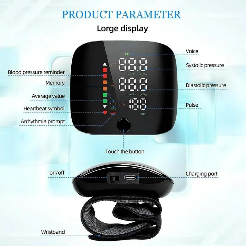 Tensiomètre de poignet rechargeable avec synthèse vocale et écran LCD pour le suivi de santé à domicile