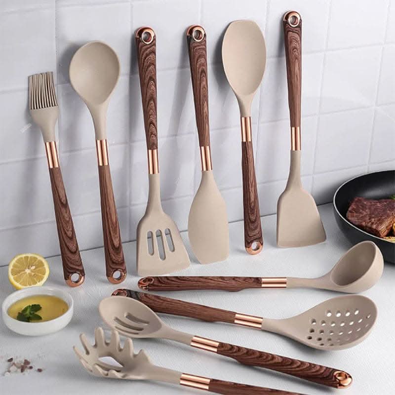 Silicone Cooking Utensil Set with Wooden Handles – 10-Piece Non-Stick Safe Tools for Everyday Meal Prep