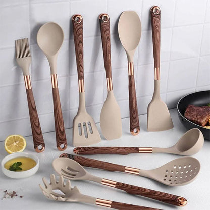 Silicone Cooking Utensil Set with Wooden Handles – 10-Piece Non-Stick Safe Tools for Everyday Meal Prep
