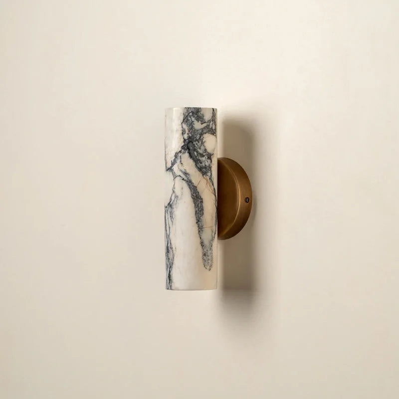 Stone Cylinder Wall Sconce Warm White LED 9.4 Inches Tall Brass Mount for Bedroom Hallway Bathroom Living Room Minimalist Natural Marble