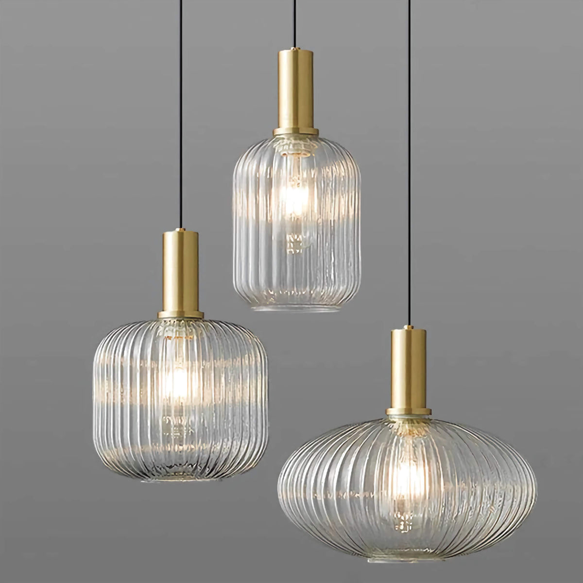 Hanging Ceiling Fixture with Fluted Glass Shade 12-Inch Gold Hardware for Counter Island Table Task Lighting Modern Single-Drop Cord Mount E
