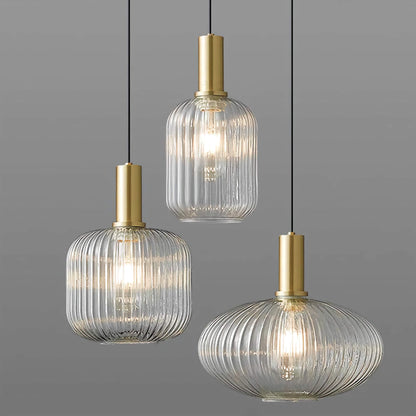 Hanging Ceiling Fixture with Fluted Glass Shade 12-Inch Gold Hardware for Counter Island Table Task Lighting Modern Single-Drop Cord Mount E