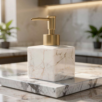 Ceramic Liquid Soap Pump Dispenser with Gold Pump for Countertop – Marble-Look Lotion Bottle for Vanity, Sink & Kitchen Counters