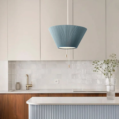 Sculptural Paper Shade Hanging Fixture with Transformable Geometry for Overhead Illumination Above Tables Islands Counters Light Blue Warm G