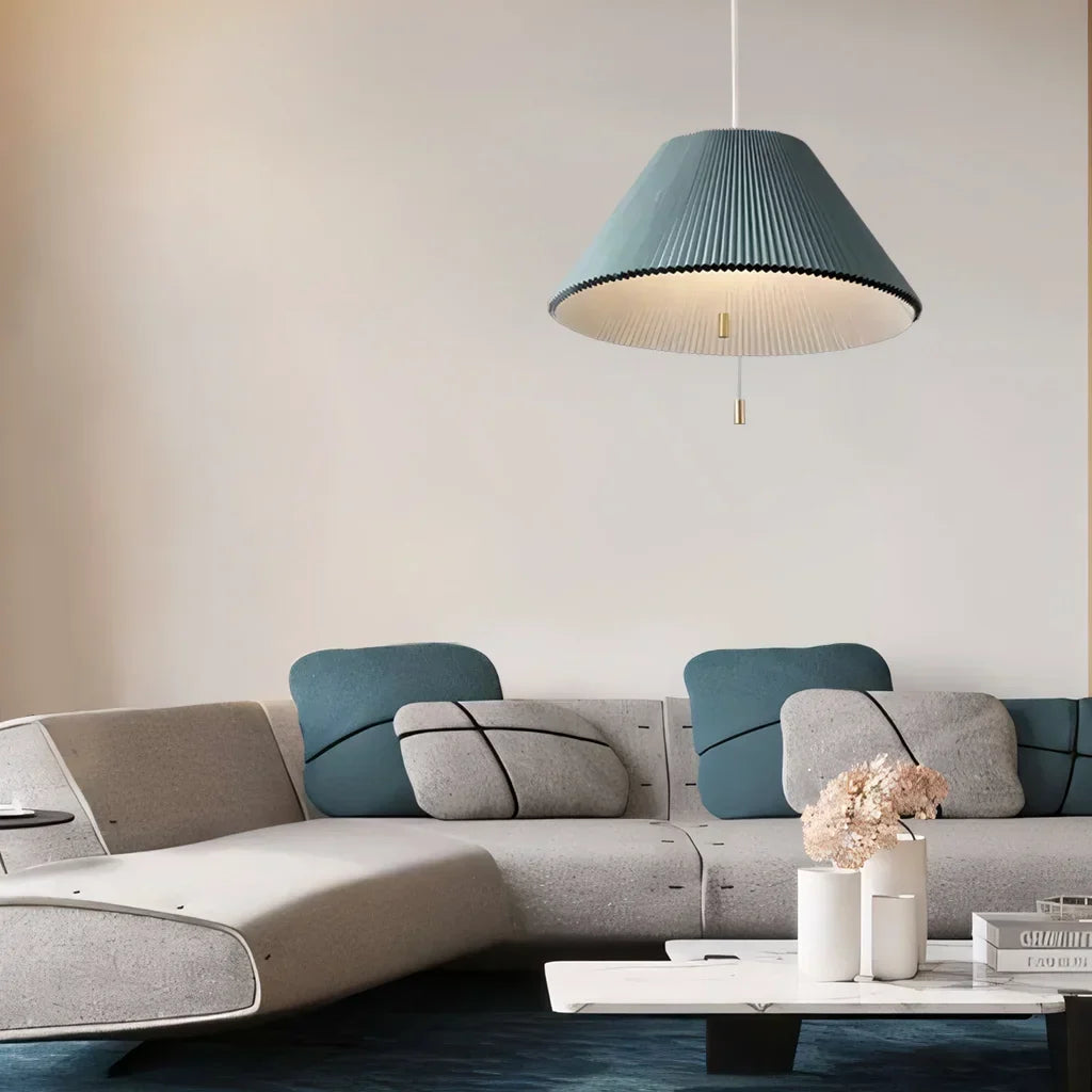 Sculptural Paper Shade Hanging Fixture with Transformable Geometry for Overhead Illumination Above Tables Islands Counters Light Blue Warm G