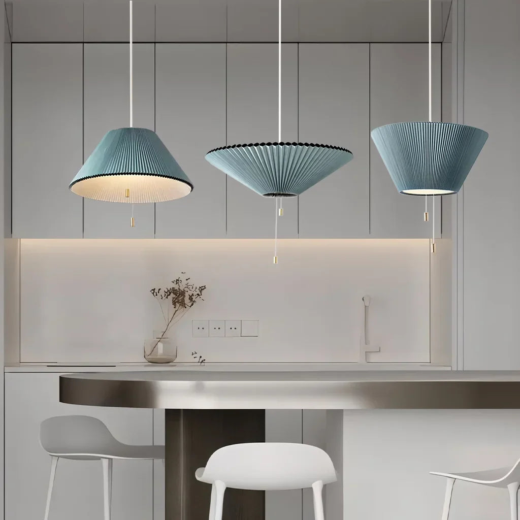 Sculptural Paper Shade Hanging Fixture with Transformable Geometry for Overhead Illumination Above Tables Islands Counters Light Blue Warm G