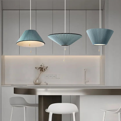 Sculptural Paper Shade Hanging Fixture with Transformable Geometry for Overhead Illumination Above Tables Islands Counters Light Blue Warm G