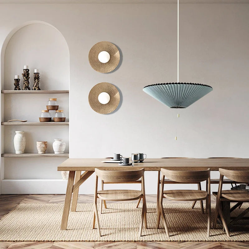 Sculptural Paper Shade Hanging Fixture with Transformable Geometry for Overhead Illumination Above Tables Islands Counters Light Blue Warm G
