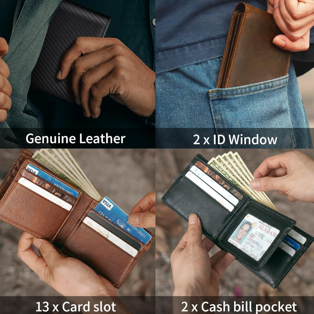 Men's Bifold Leather Wallet with RFID Protection – Slim Card Holder with ID Window for Everyday Carry & Travel Security