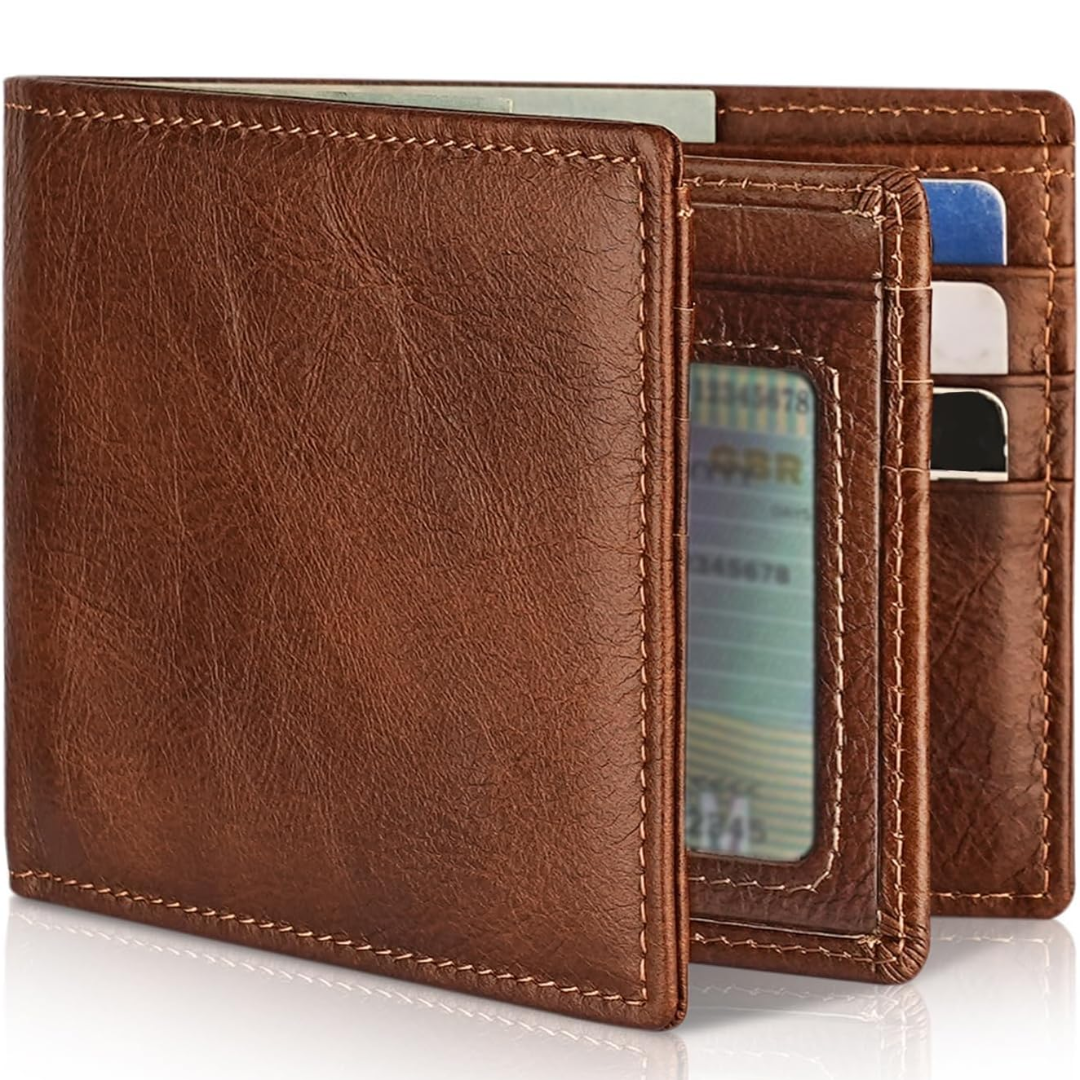 Men's Bifold Leather Wallet with RFID Protection – Slim Card Holder with ID Window for Everyday Carry & Travel Security
