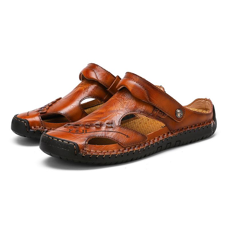Men's Open-Toe Leather Sandals – Handcrafted, Rubber Sole, Round Toe for Summer Travel & Casual Wear – Sizes US 6.5-13