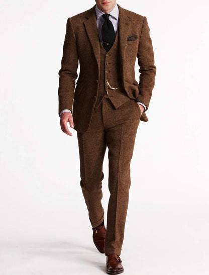 Men's Herringbone Wool-Blend Suit – Tailored 3-Piece Jacket Vest Pants Set for Weddings & Formal Occasions