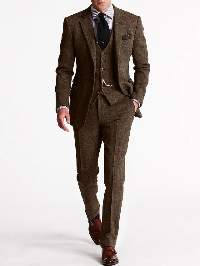 Men's Herringbone Wool-Blend Suit – Tailored 3-Piece Jacket Vest Pants Set for Weddings & Formal Occasions