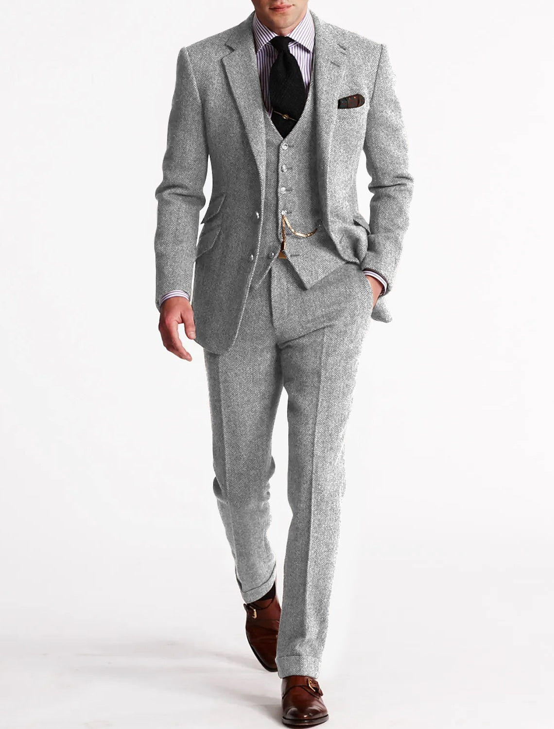 Men's Herringbone Wool-Blend Suit – Tailored 3-Piece Jacket Vest Pants Set for Weddings & Formal Occasions