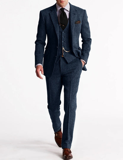 Men's Herringbone Wool-Blend Suit – Tailored 3-Piece Jacket Vest Pants Set for Weddings & Formal Occasions
