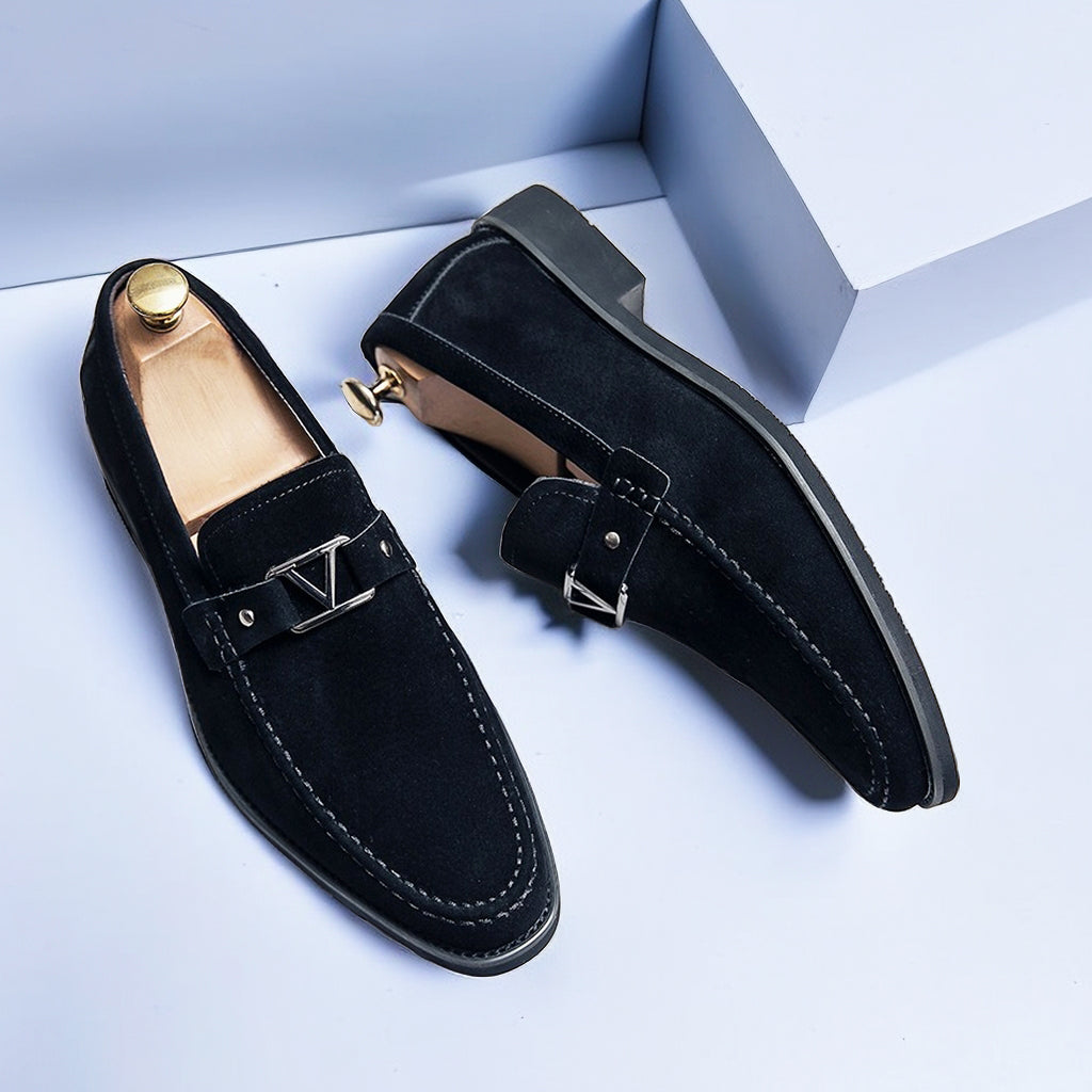 Men's Dress Loafers with Metal Buckle Detail – Slip-On Formal Shoes – Anti-Slip Rubber Sole – Classic Office Footwear for Work, Weddings &