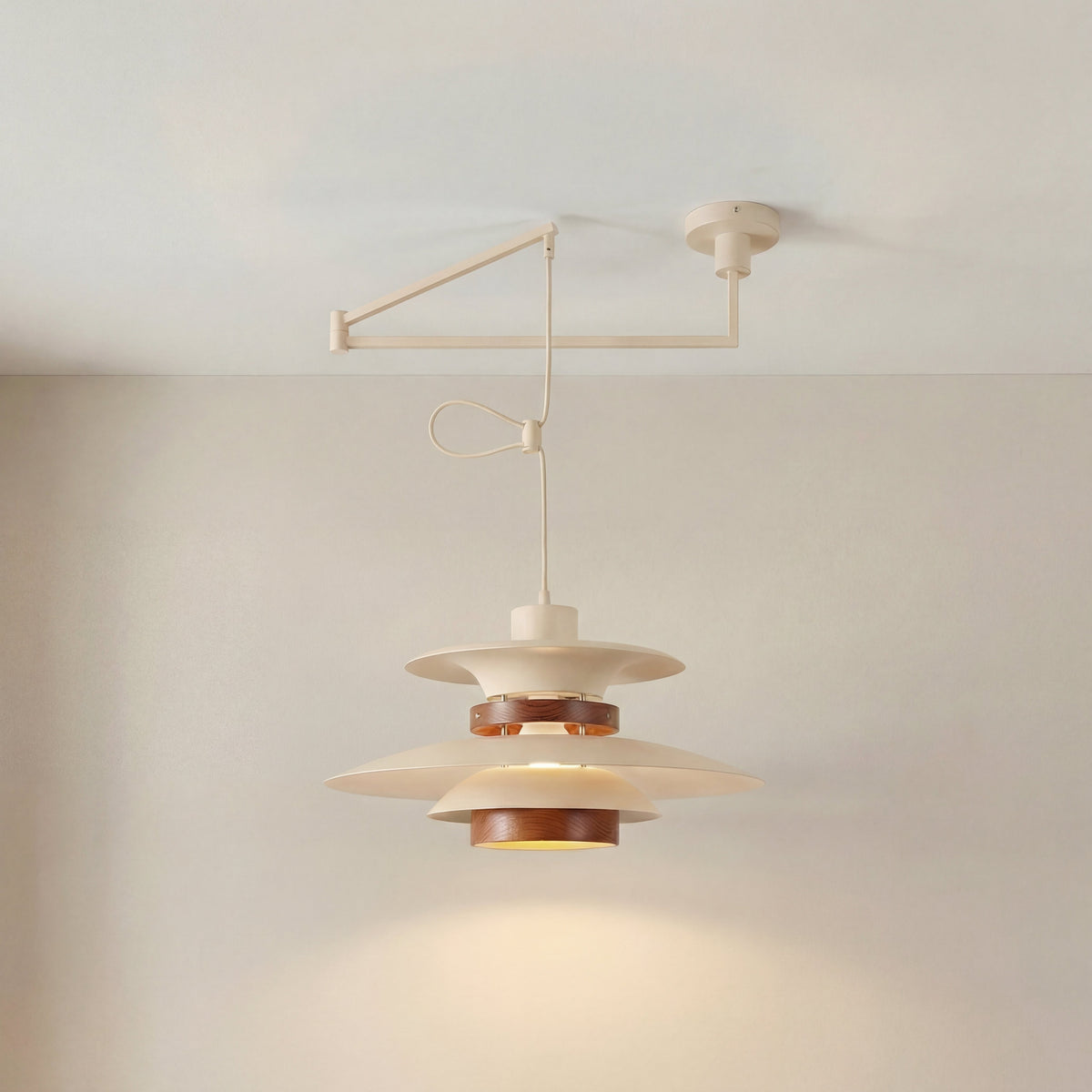 Adjustable Swing Arm Pendant Light with Wood Accents for Dining Room & Kitchen Island