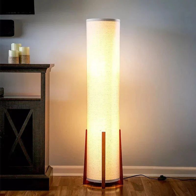 Wooden Standing Lamp with Cylinder Fabric Shade 47 in Tall Ambient Light for Living Room Bedroom Reading Corner Modern Neutral Decor Accent