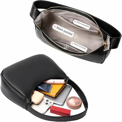 Compact Zippered Shoulder Bag for Women - Curved Silhouette Purse for Daily Essentials - Versatile Handbag Crossbody or Clutch - Lightweight