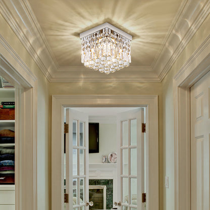 Compact Crystal Ceiling Light Chrome Finish Flush Mount Square Design for Hallway Bedroom Kitchen Entry