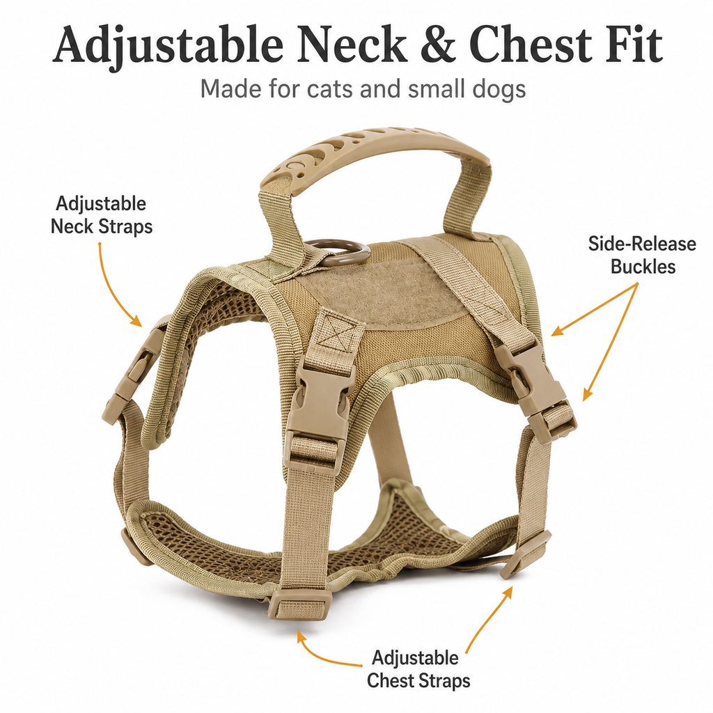 Ortekor Mini Tactical Pet Harness Vest for Cats & Small Dogs - Outdoor Walking Harness with Handle to Reduce Neck Pulling