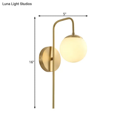 Frosted Glass Globe Wall Light with Curved Brass Arm for Bedroom, Hallway & Living Room – Single LED Sconce