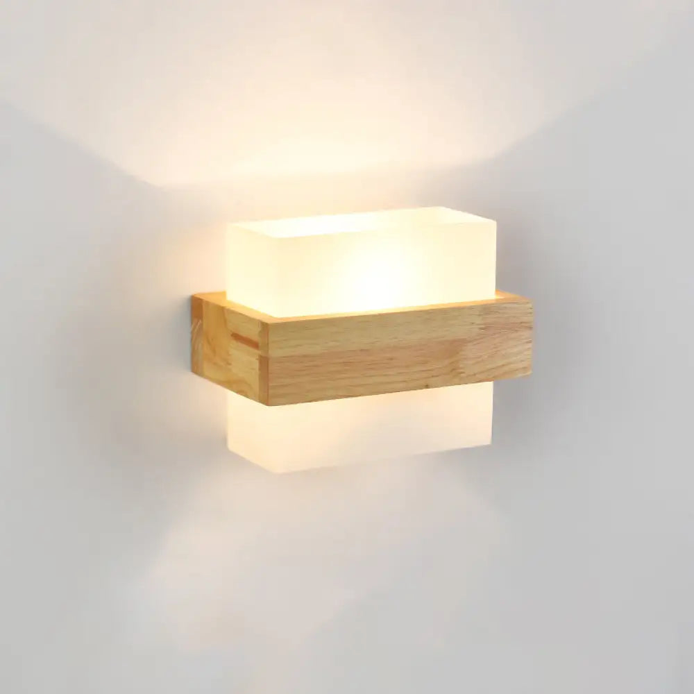 Wood & Cream Glass Wall Sconce for Stairway, Geometric Single-Light Fixture, E26 Base, Flush-Mount Design for Hallway & Bedroom Lighting