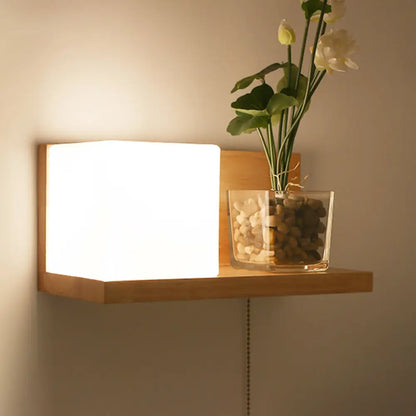 Wood & Cream Glass Wall Sconce for Stairway, Geometric Single-Light Fixture, E26 Base, Flush-Mount Design for Hallway & Bedroom Lighting